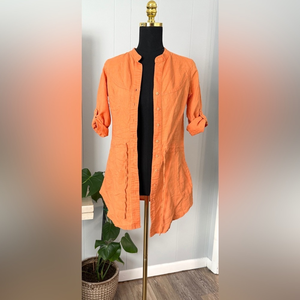 #1) Linen Orange Button-Down Women's Shirt with waist strap for adjust